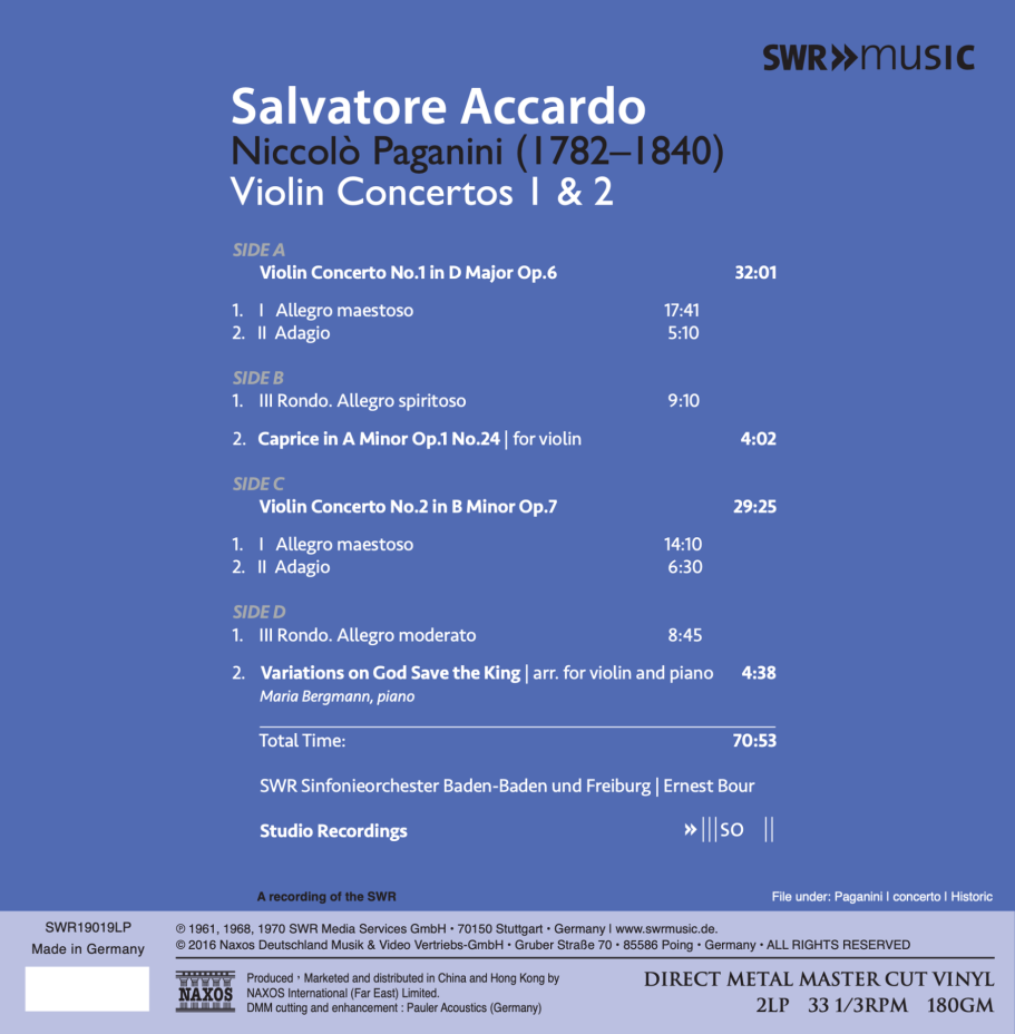 salvatore accardo paganini violin concerto 1 & 2 SWR 2 LP Naxos 2016 limited edition
